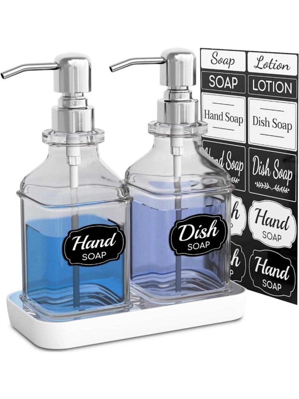 Antique Glass Soap Dispenser Set - 2 Pack with Tray, Rust-Proof Pump & Stickers